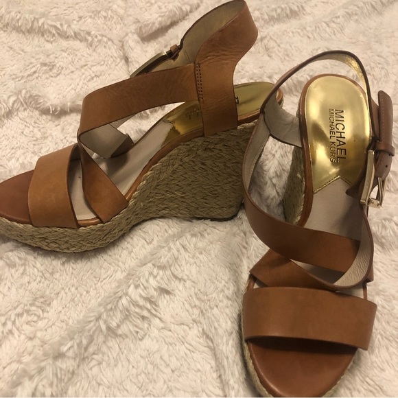 MICHAEL Michael Kors Shoes - Michael Kors Women’s Giovanna Brown Leather Wedge Espadrille Sandals size 7.5